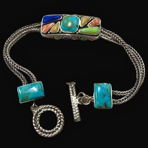 BARSE Sterling Silver Turquoise Coral Lapis Cabochon Thai Weave Toggle Bracelet